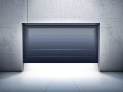 Garage realistic composition with grey tiled walls and floor and opening of dark shutter door vector illustration